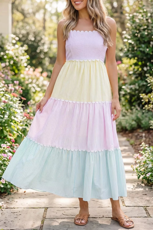 Striped Colorblock Adjustable Strap Scalloped Detail Long Dress — women's casual dress Australia