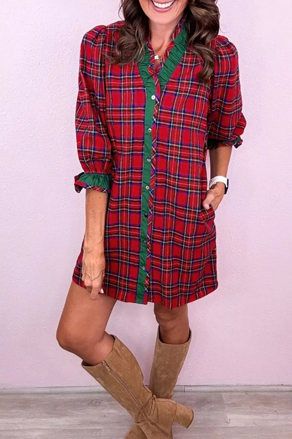 Women's Plaid Ruffle Cuff Button Front Pocket Mini Dress — Chic and Unique AU