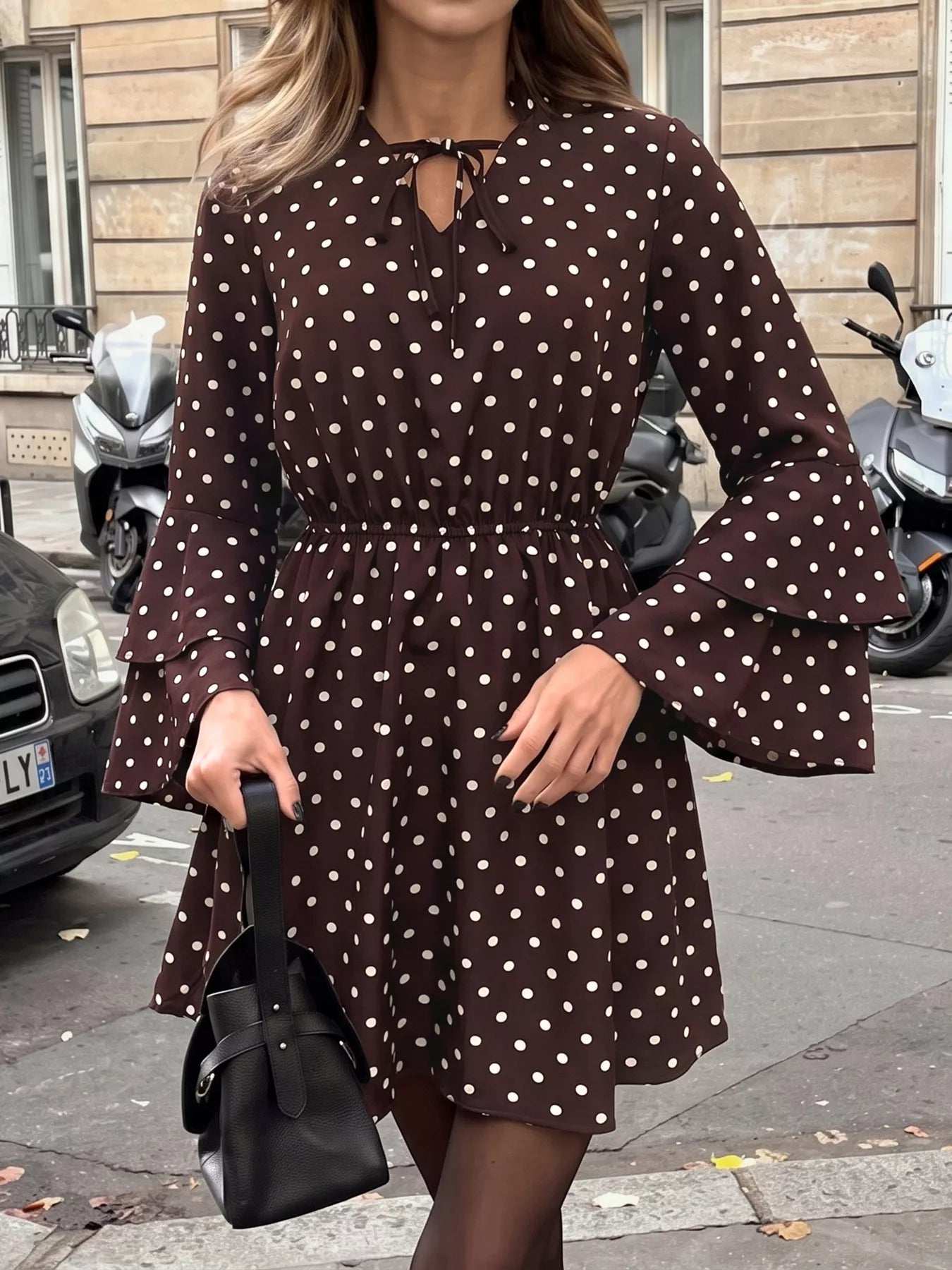 Women's Polka Dot Flare Sleeve Tie Neck Dress — Chic and Unique AU