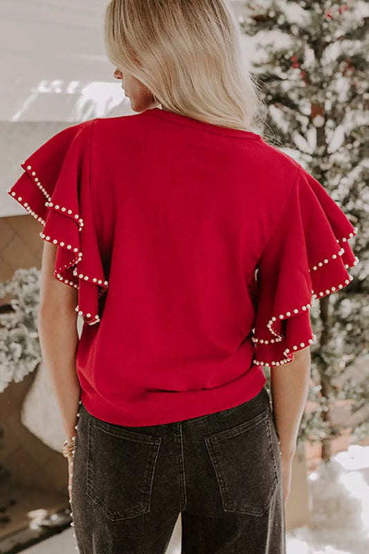Women's Ruffle Sleeve Pearl Embellished Knit Top — women's knit top Australia