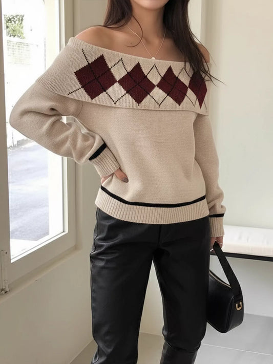 Women's Off-Shoulder Argyle Pattern Sweater — women's knit sweater Australia