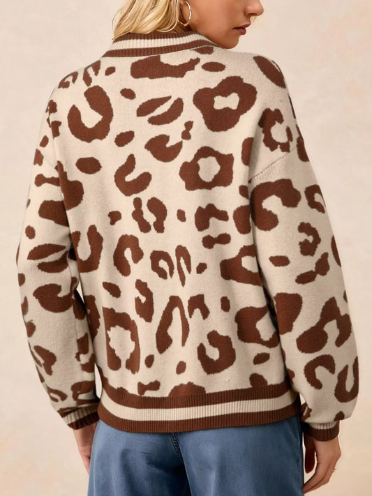 Women's Leopard Knit Notched Casual Sweater — women's knitwear Australia