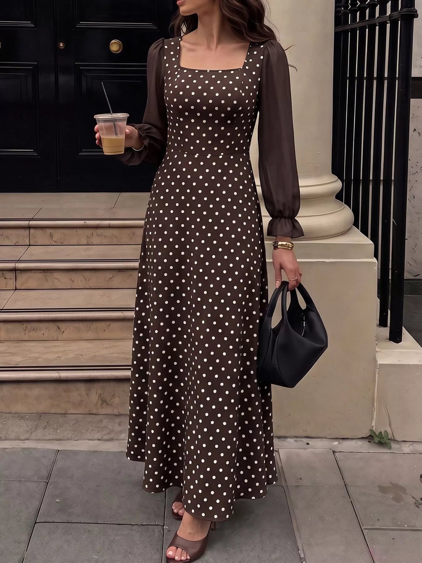 Women's Polka Dot Square Neck Long Sleeve Maxi Dress — Chic and Unique AU