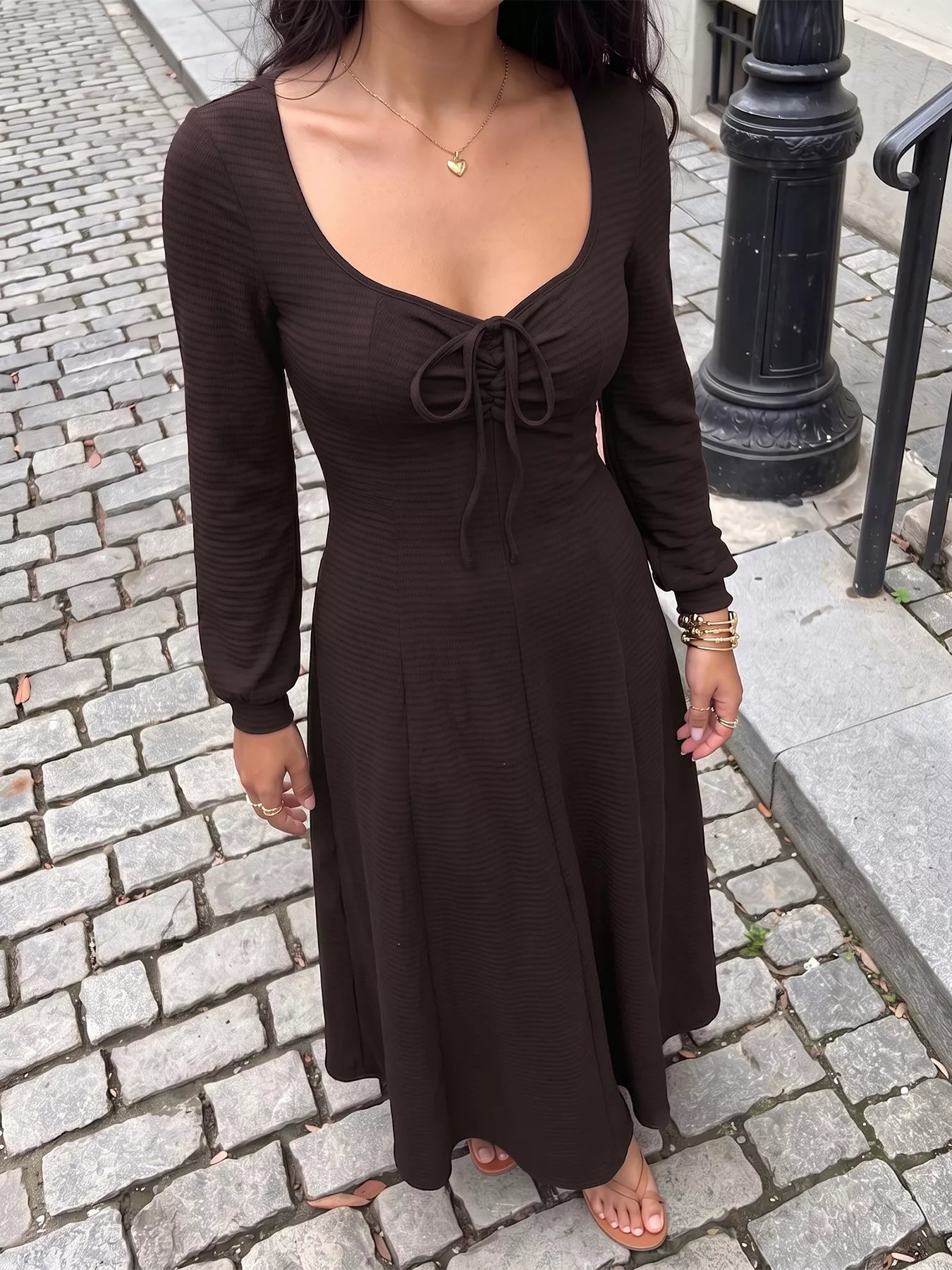 Women's Long Sleeve Tie-Front Maxi Dress — Chic and Unique AU