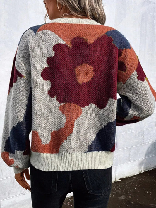 Women's Floral Pattern Round Neck Sweater — women's knit sweater Australia