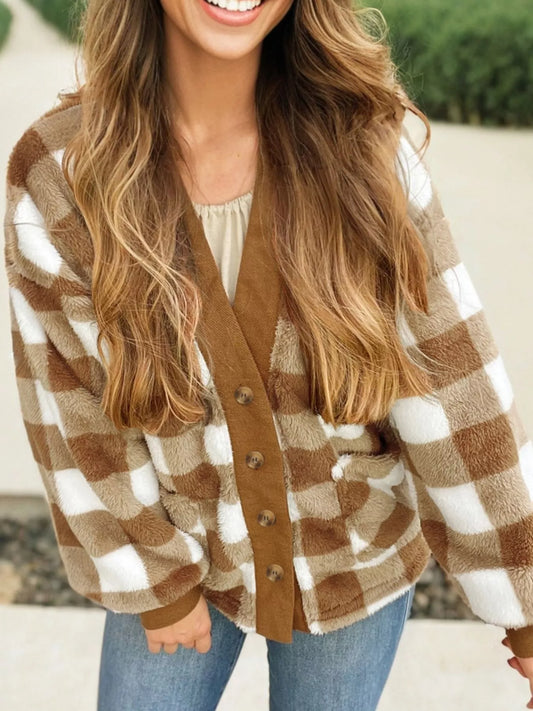 Women's Checkered Sherpa Loose Knit Cardigan with Pockets — women's knit cardigan Australia