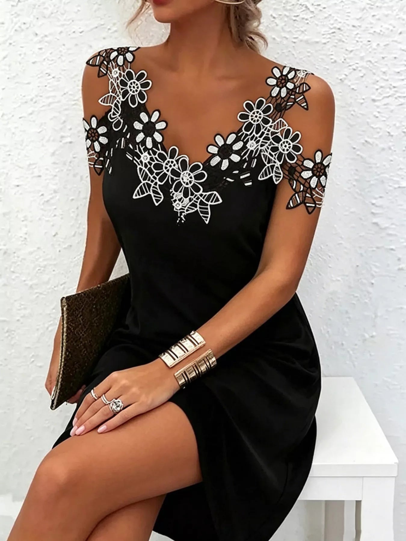 Women's Lace Floral Trim Cold Shoulder Mini Dress — Chic and Unique AU