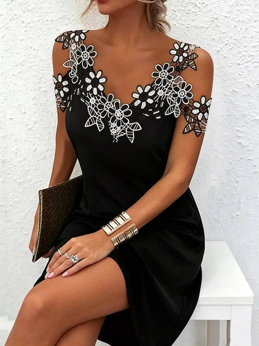 Women's Lace Floral Trim Cold Shoulder Mini Dress — Chic and Unique AU