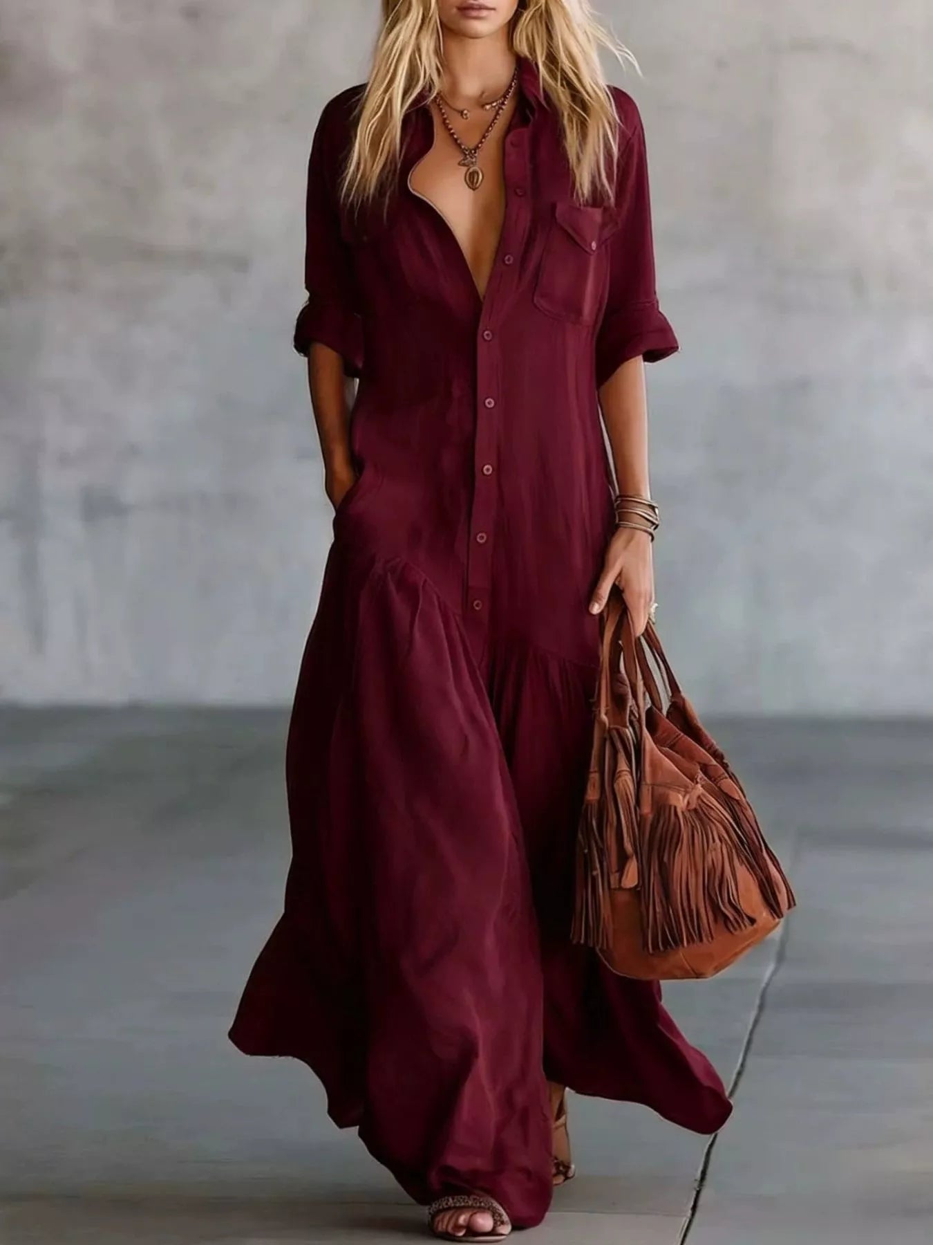 Women's Full Size Button Front Roll-Up Sleeve Maxi Dress Plus Size — Chic and Unique AU