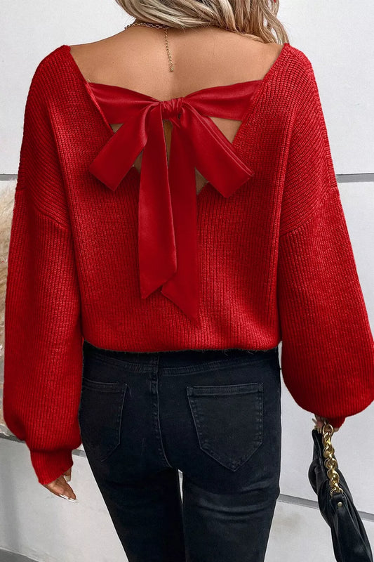 Women's Lantern Sleeve V Neck Knot Back Sweater — women's knitwear Australia