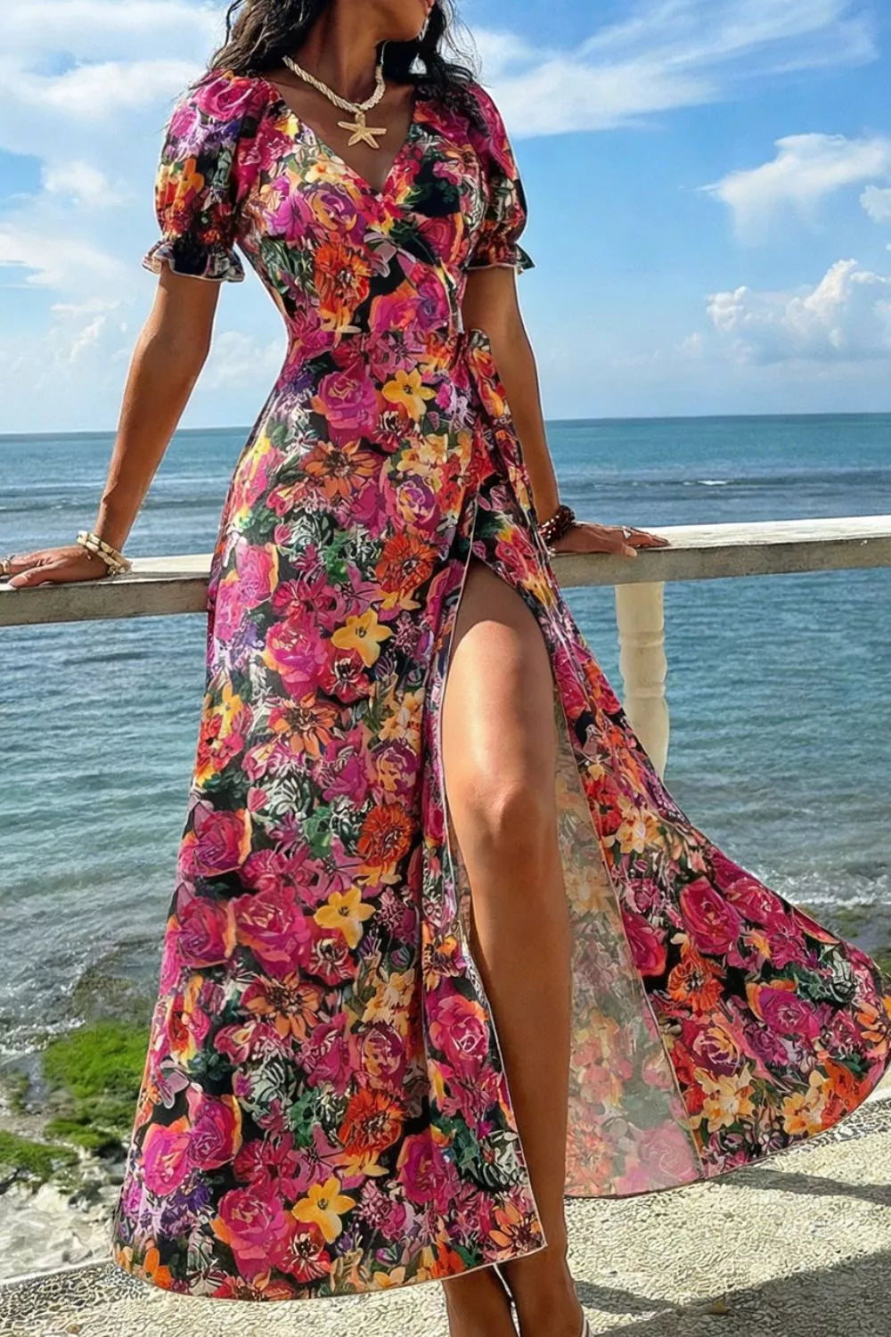 Women's Slit Floral Short Sleeve Maxi Dress — Chic and Unique AU