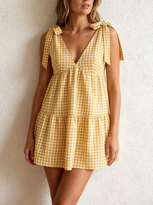Gingham Tie-Shoulder Mini Dress — women's casual dress Australia