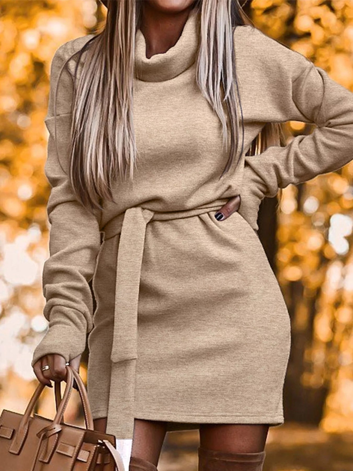 Women's Turtleneck Belted Knit Dress — Chic and Unique AU