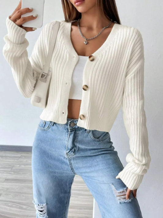 Women's Ribbed Knit Button-Up Cropped Cardigan — women's knitwear Australia