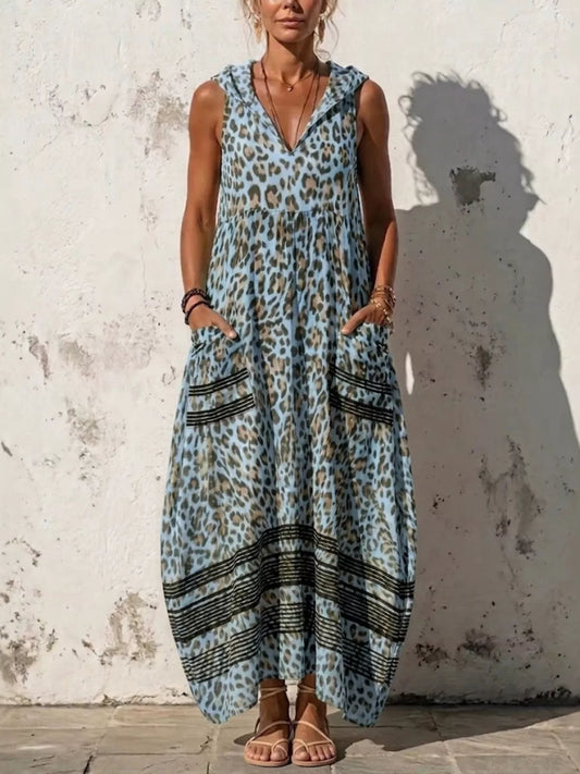 Women's Full Size Sleeveless Hooded Leopard Print Maxi Dress Plus Size — Chic and Unique AU
