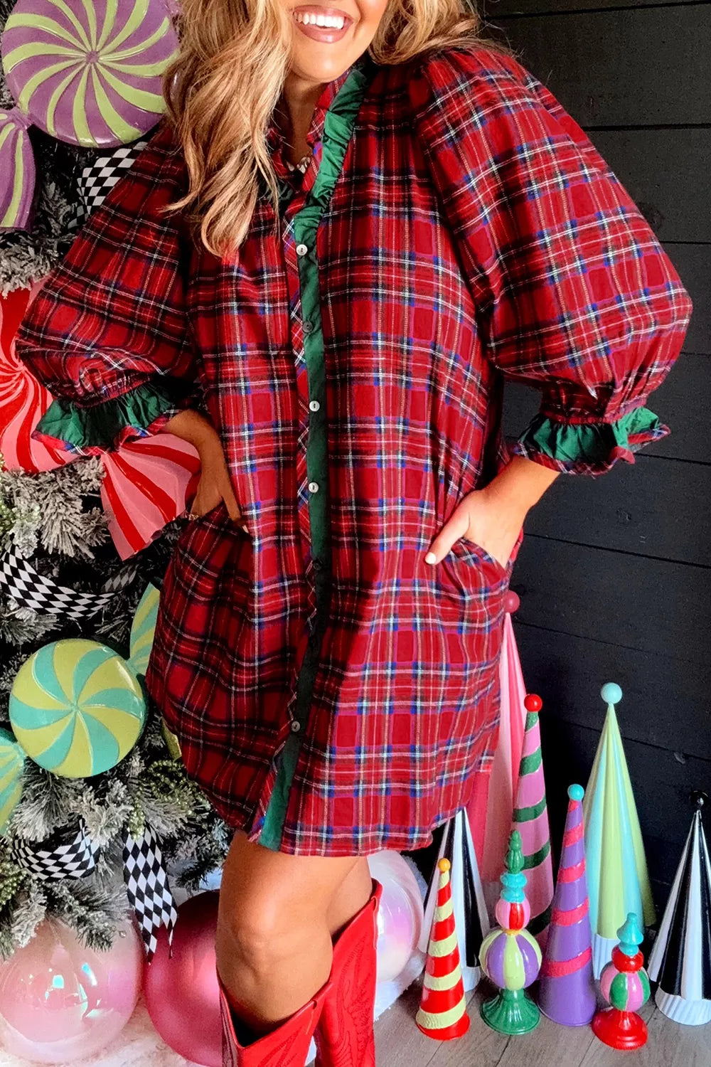 Women's Plaid Ruffle Cuff Button Front Pocket Mini Dress — Chic and Unique AU