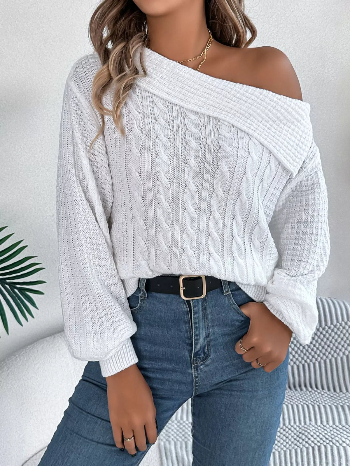 Women's Off-Shoulder Cable Knit Sweater — women's knit sweater Australia
