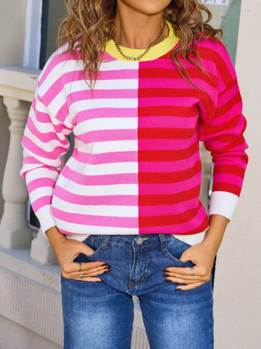 Women's Striped Round Neck Long Sleeve Sweater — women's knit sweater Australia