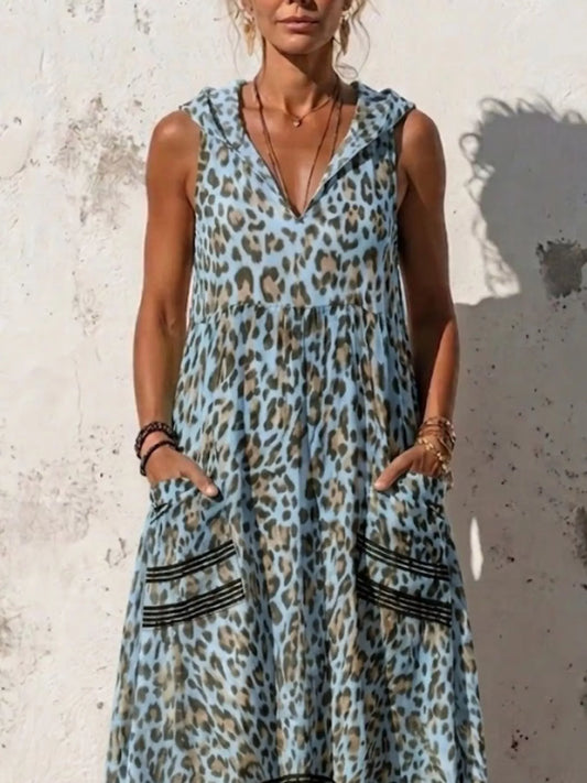 Women's Full Size Sleeveless Hooded Leopard Print Maxi Dress Plus Size — Chic and Unique AU