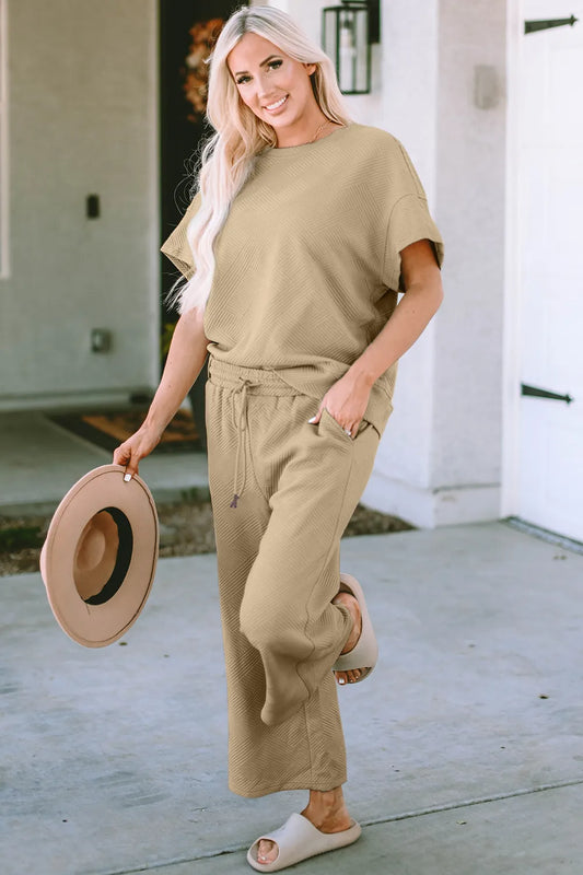 Double Take Full Size Texture Short Sleeve Top and Pants Set — women's co-ord set Australia