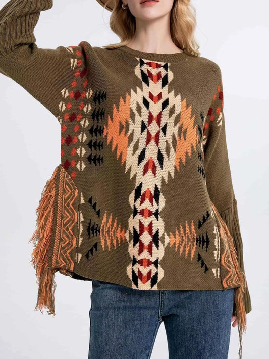 Women's Geometric Pattern Fringe Sweater — women's knitwear Australia