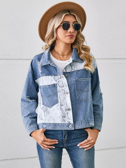 Snake Print Button Up Denim Jacket — women's jacket Australia
