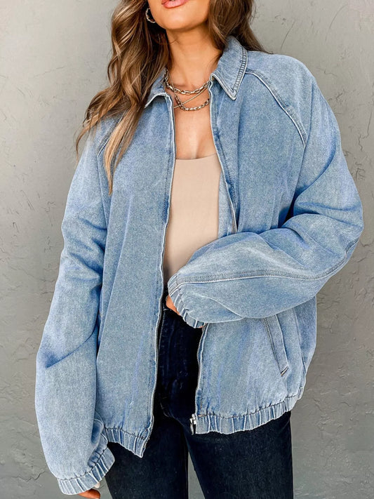 Elastic Edge Collared Zip Up Denim Jacket With Pocket — women's jacket Australia