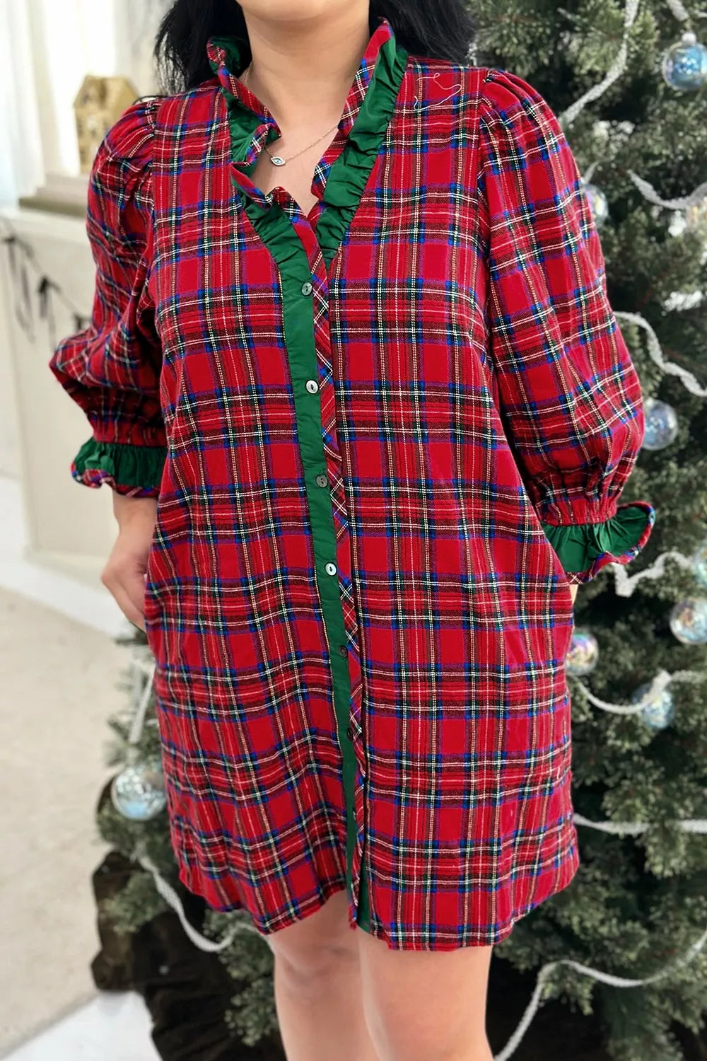 Women's Plaid Ruffle Cuff Button Front Pocket Mini Dress — Chic and Unique AU