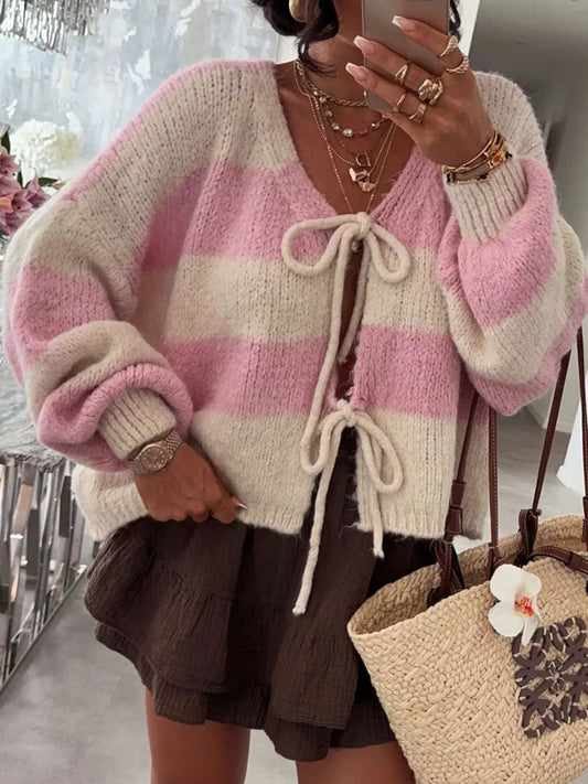 Women's Striped Tie-Front Knit Cardigan — women's knit cardigan Australia