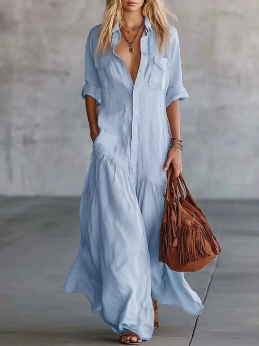Women's Full Size Button Front Roll-Up Sleeve Maxi Dress Plus Size — Chic and Unique AU