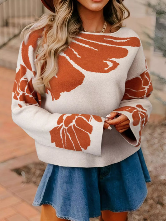 Women's Flower Pattern Wide Sleeve Baggy Sweater — women's knit sweater Australia