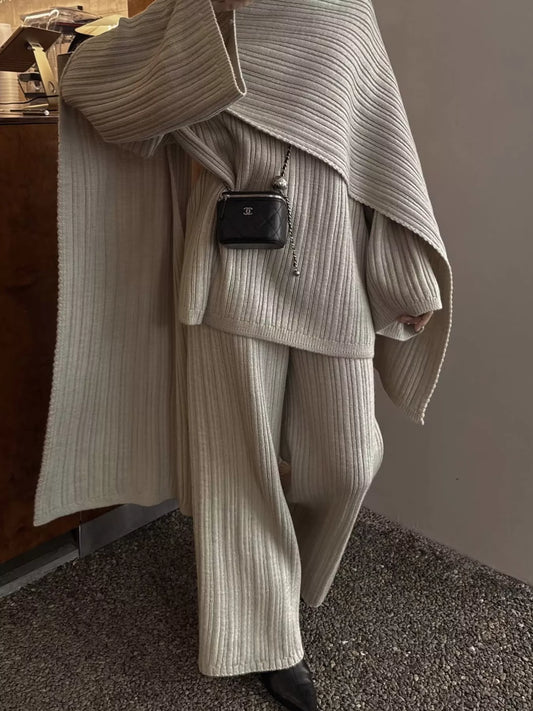Women's 3-Piece Crew Neck Ribbed Sweater and Wide-Leg Pants Set with Scarf — women's knitwear Australia