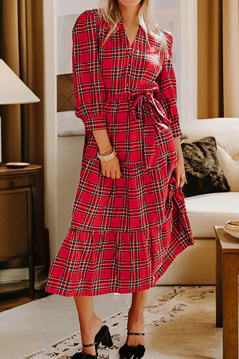 Women's Christmas Plaid V-Neck Midi Dress — Chic and Unique AU