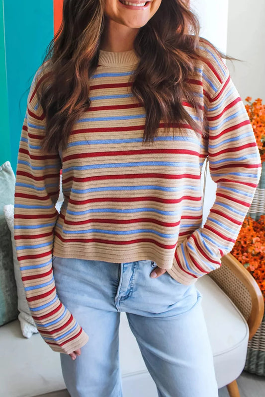 Women's Striped Long Sleeve Round Neck Sweater — women's knitwear Australia