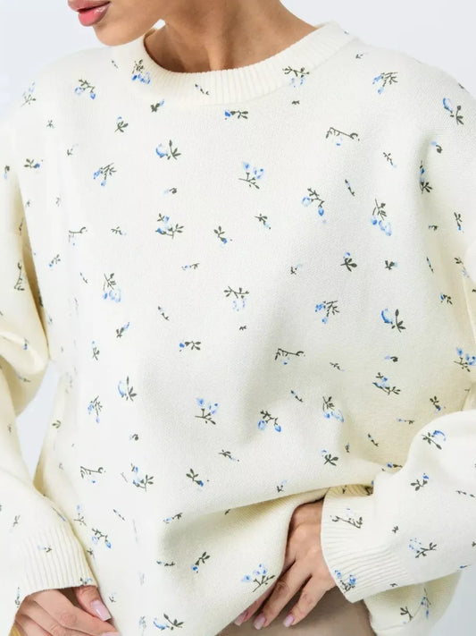 Women's Ribbed Hem Floral Long Sleeve Sweater — women's knit sweater Australia