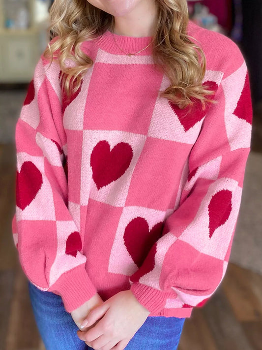 Women's Heart Pattern Checkered Round Neck Sweater — women's knit sweater Australia
