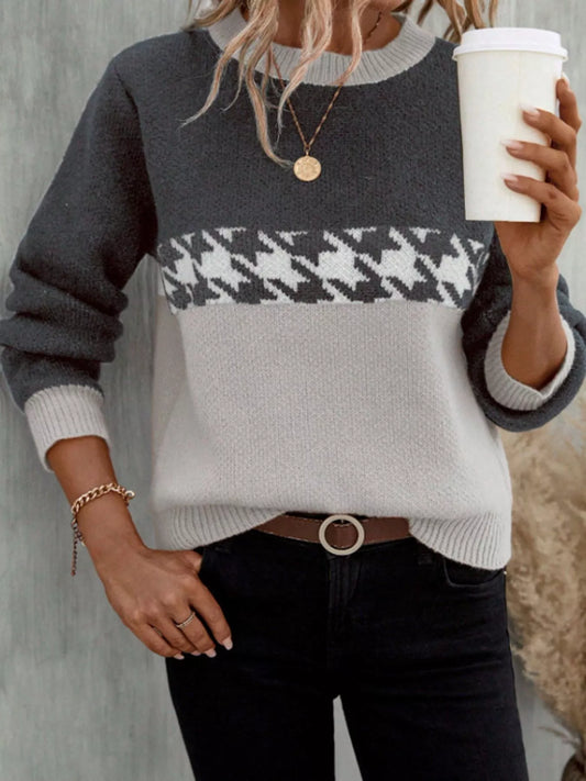 Women's Houndstooth Pattern Color Block Sweater — women's knitwear Australia