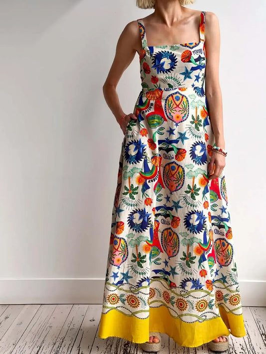 Printed Square Neck Maxi Cami Dress — women's maxi dress Australia