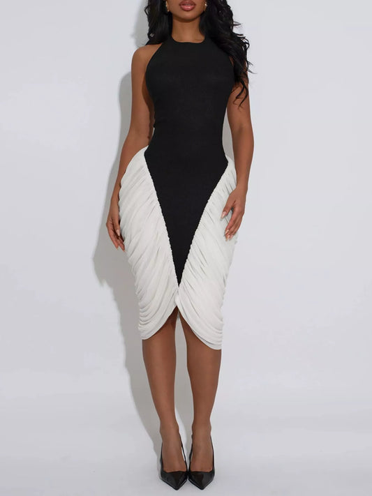 Two-Tone Sleeveless Ruched Midi Dress — women's cocktail dress Australia