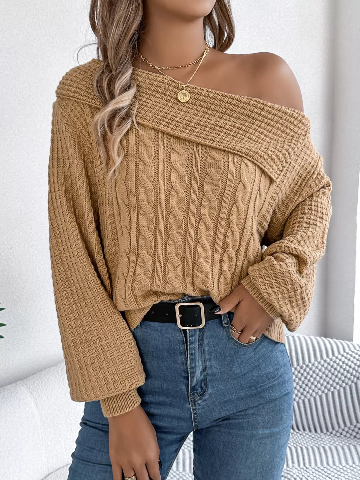 Women's Off-Shoulder Cable Knit Sweater — women's knit sweater Australia