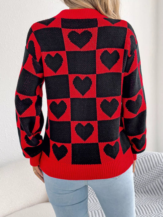 Women's Heart Checkerboard Pattern Round Neck Sweater — women's knit sweater Australia