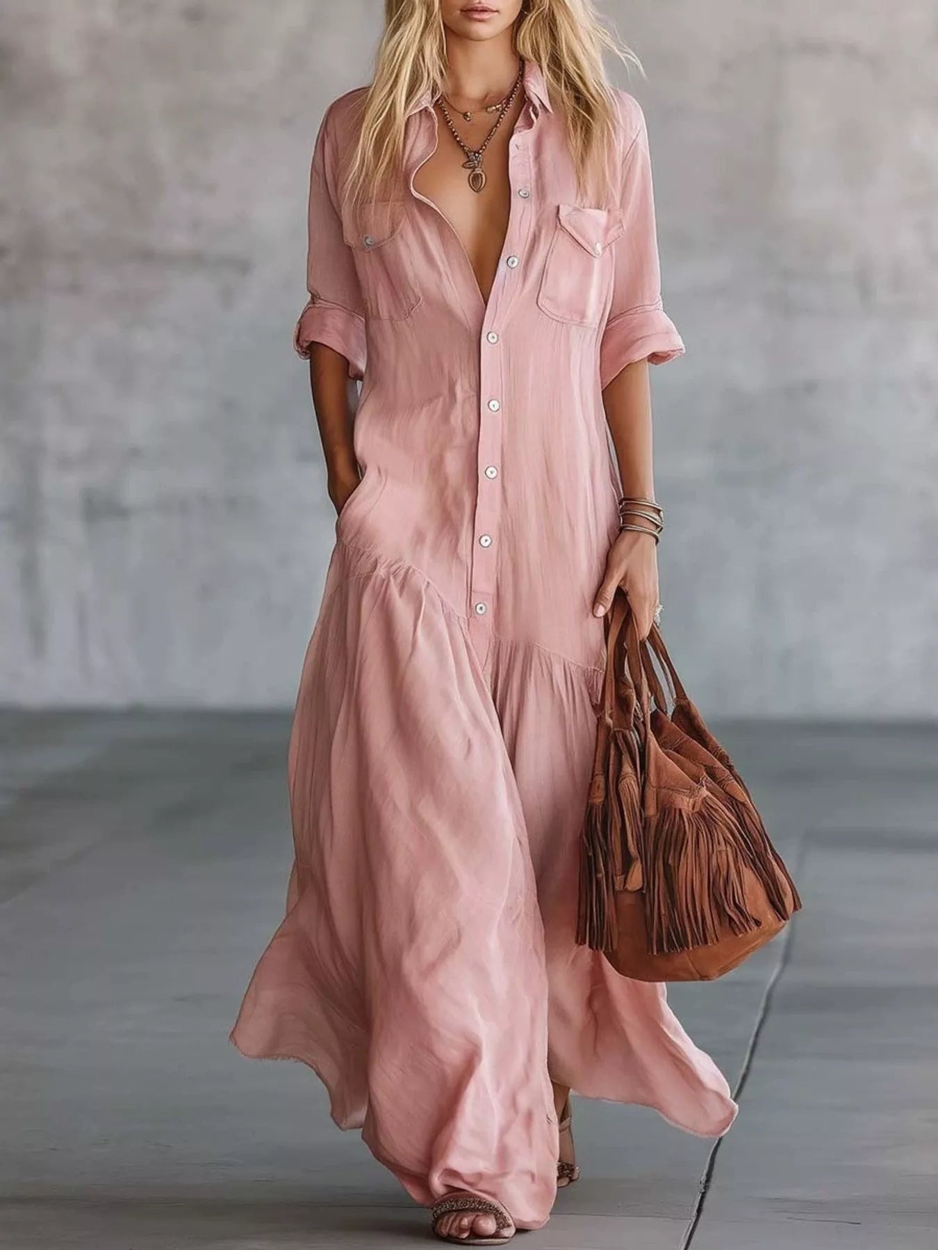 Women's Full Size Button Front Roll-Up Sleeve Maxi Dress Plus Size — Chic and Unique AU