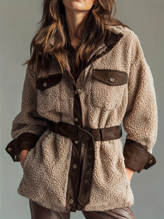 Leather Trim Sherpa Outerwear with Pockets — women's outerwear Australia