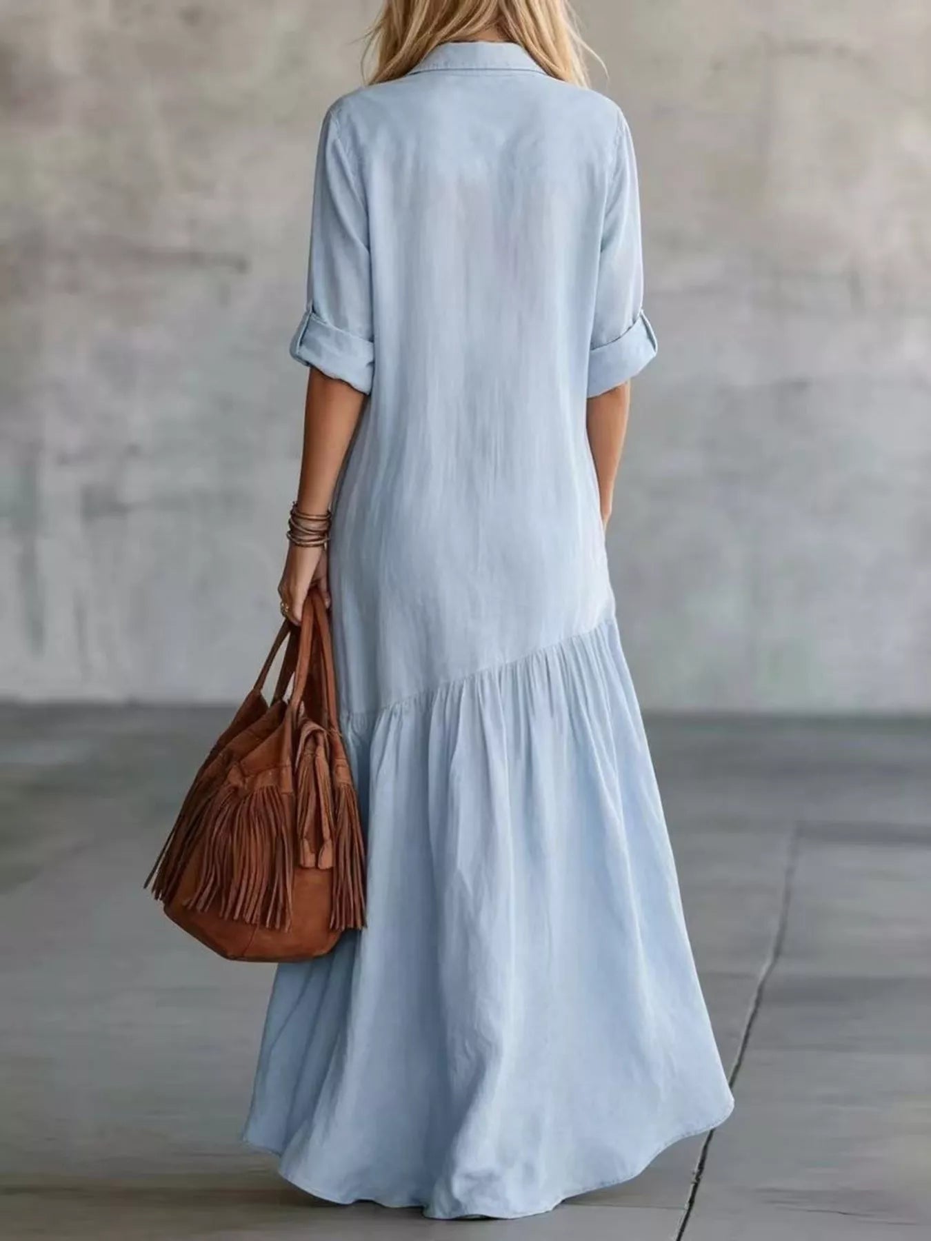 Women's Full Size Button Front Roll-Up Sleeve Maxi Dress Plus Size — Chic and Unique AU