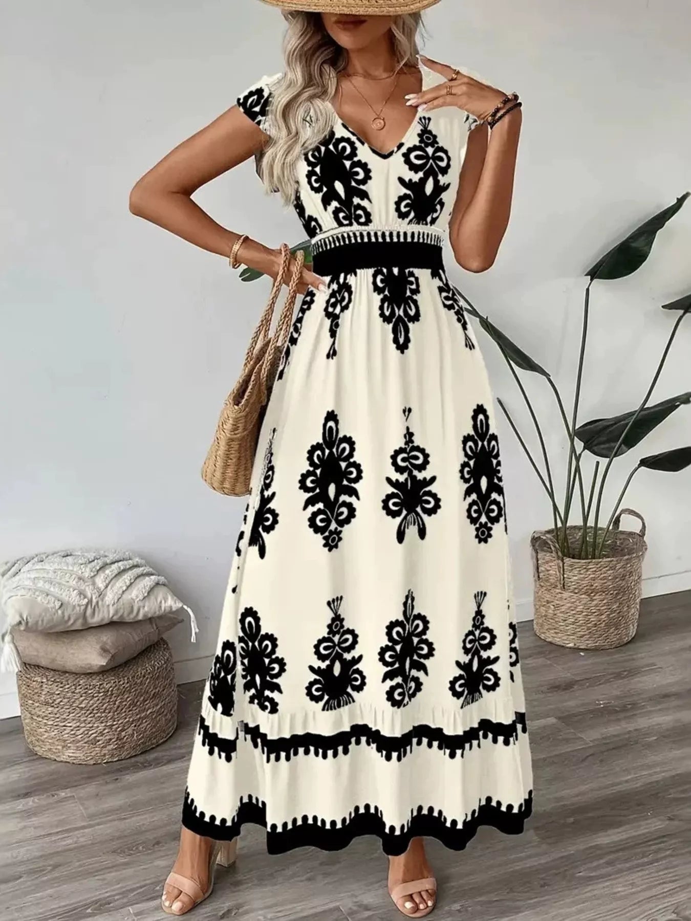 Women's Ruffled Printed V-Neck Maxi Dress — Chic and Unique AU