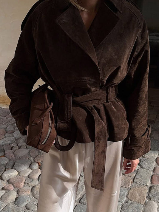 Lapel Collar Tie Waist Outerwear — women's outerwear Australia