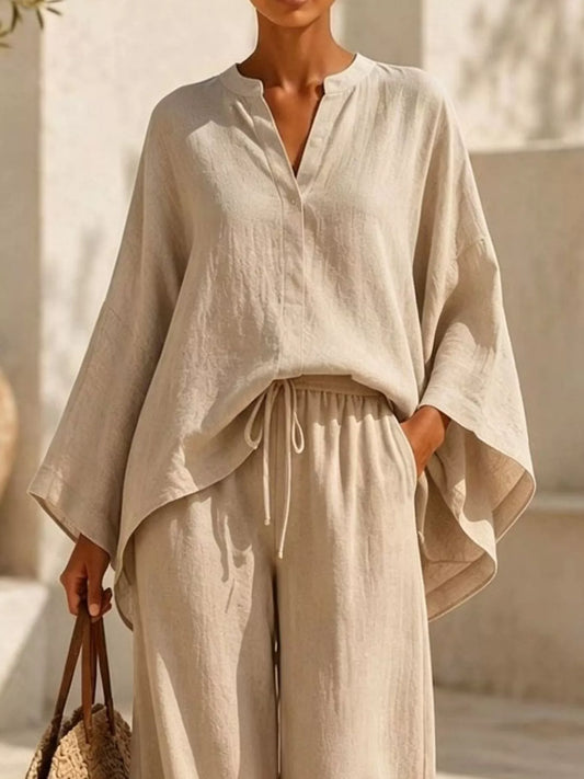 Full Size Notched Long Sleeve Top and Wide-Leg Pants Set Plus Size — women's co-ord set Australia