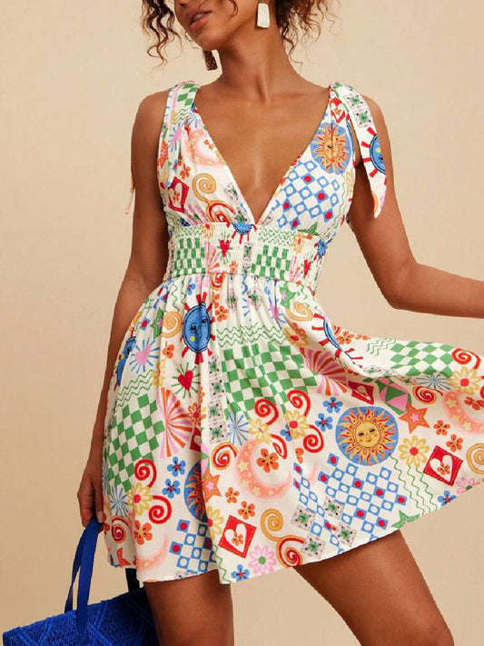 V-Neck Sleeveless Smocked Waist Printed Mini Dress — women's casual dress Australia