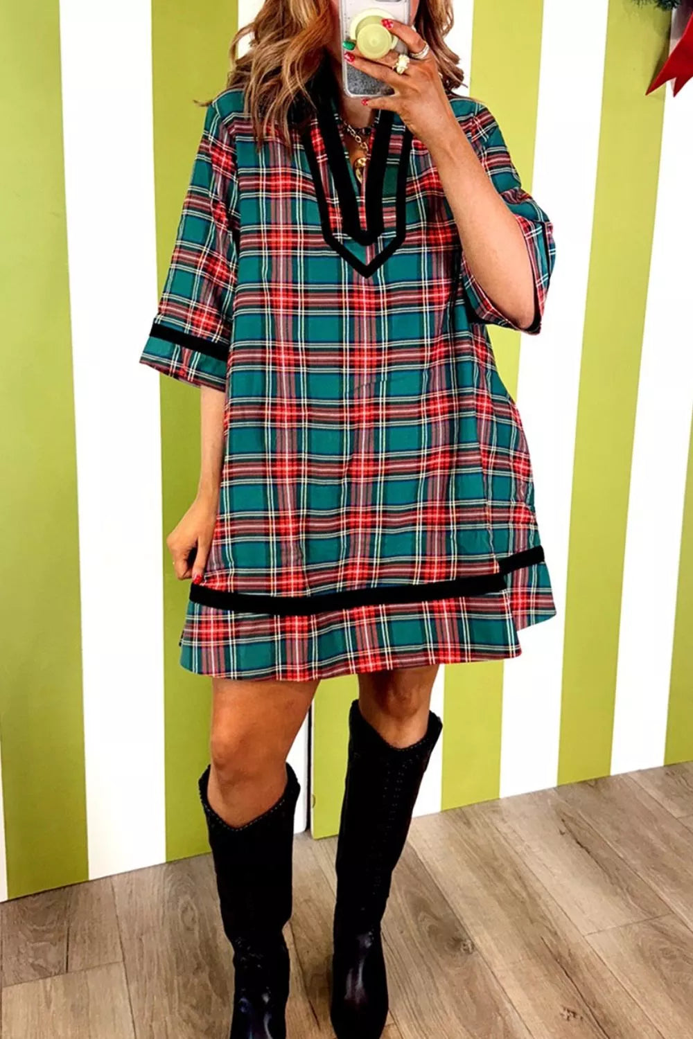 Women's Plaid Velvet Trim Short Shift Dress with Pockets — Chic and Unique AU