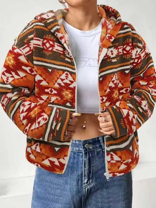 Aztec Print Zip Up Fuzzy Outerwear — women's jacket Australia